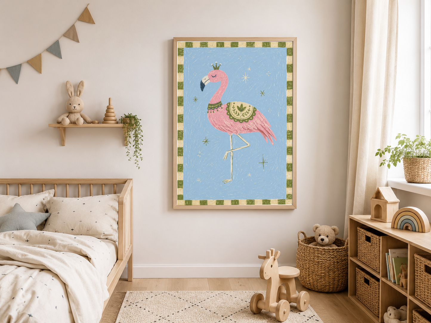 Çerçeveli flamingo tablosu, çocuk odasında mavi tonlarla tatlı bir dekorasyon sahnesi oluşturuyor.