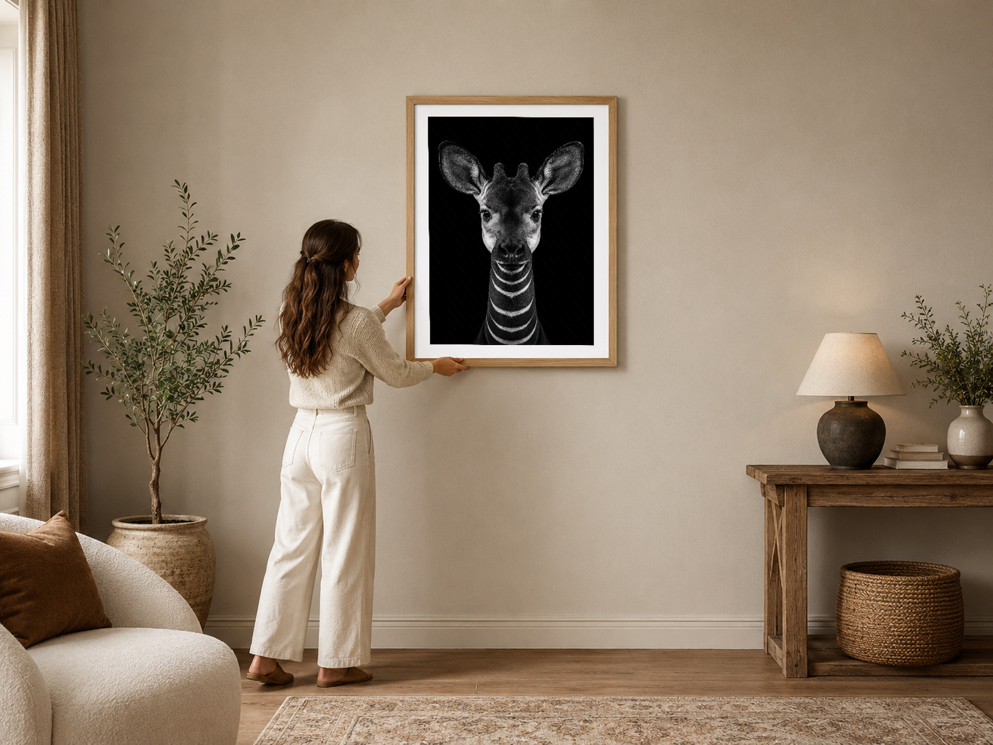 Siyah fonda zebra portresi, modern çerçevede, nötr tonlu oturma odasının merkezinde.