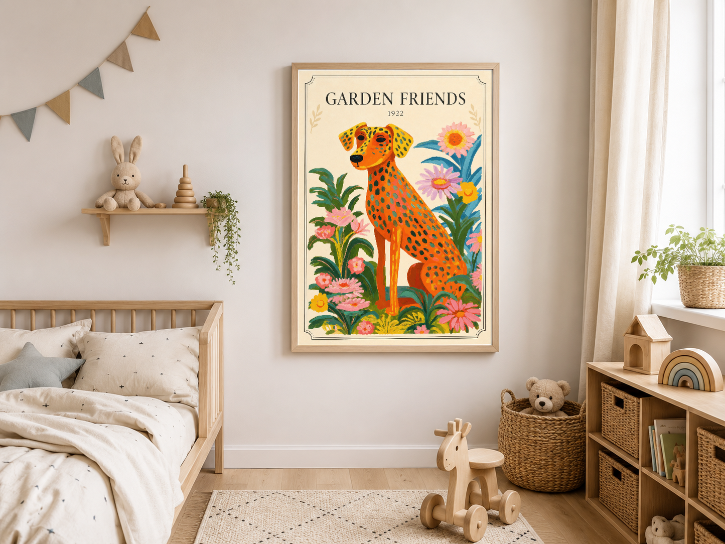 Renkli çiçekler arasında oturan benekli turuncu köpek tasvirli, vintage Garden Friends tablosu çocuk odasında.