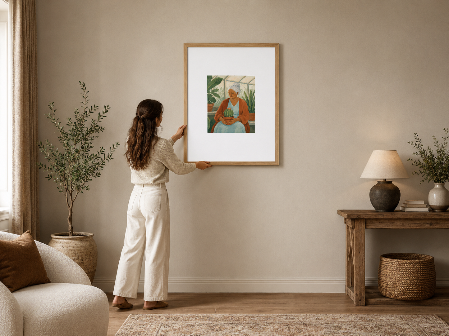 Ahşap çerçeveli, turuncu kıyafetli kadın ve bitki motifli modern sanat tablosu, şık oturma odasının duvarını süslüyor.