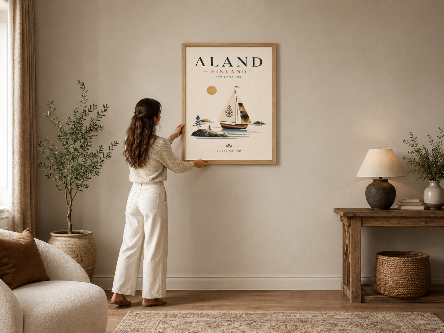 Aland Finland tema yelkenli teknesi ve ada manzarası tasarımlı minimalist sanat tablosu, modern oturma odasında sergilendi.