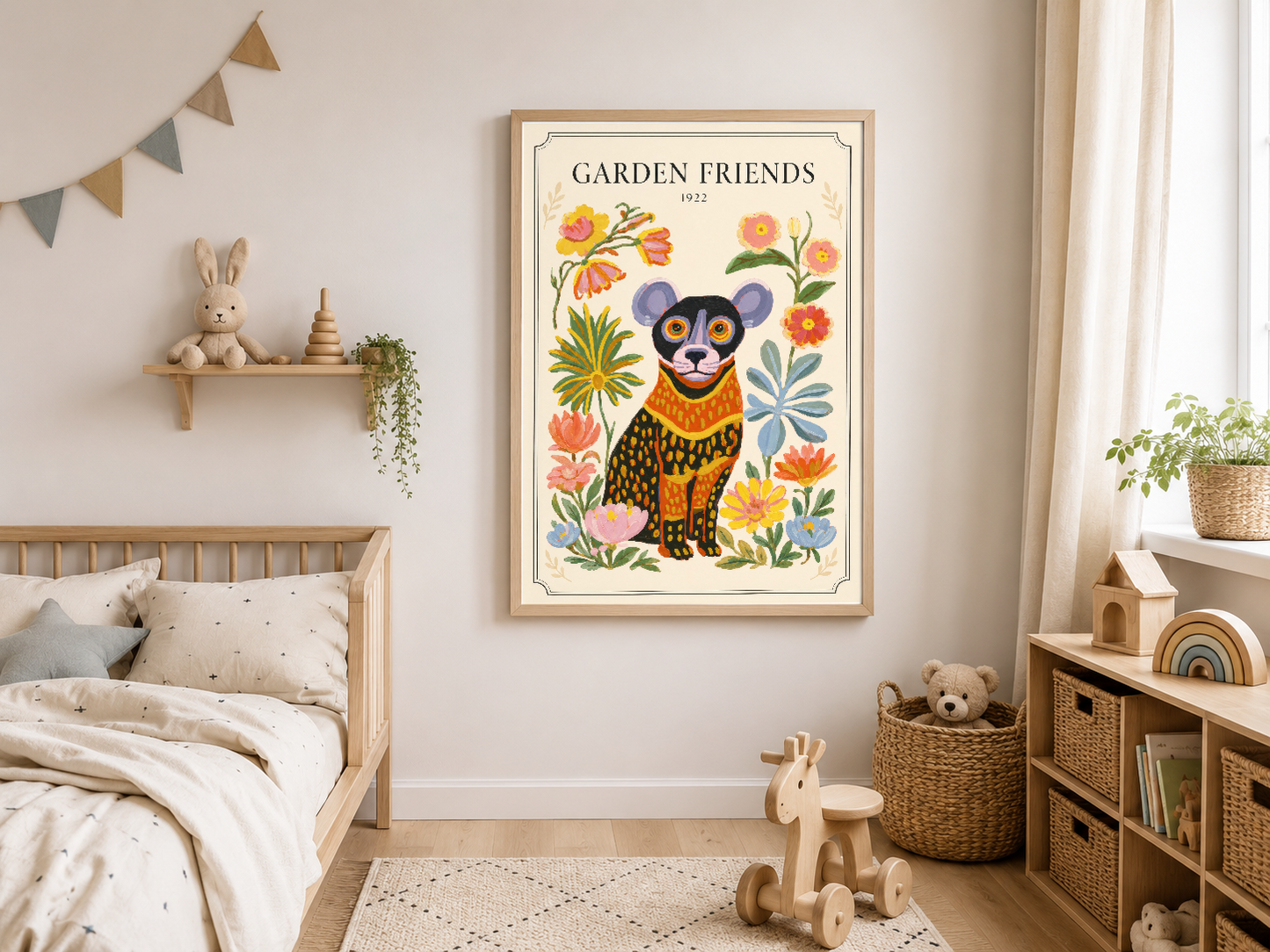 Garden Friends tablosu, renkli çiçekler arasında oynayan sevimli ayı karakterini gösteriyor, çocuk odasında doğal ahşap