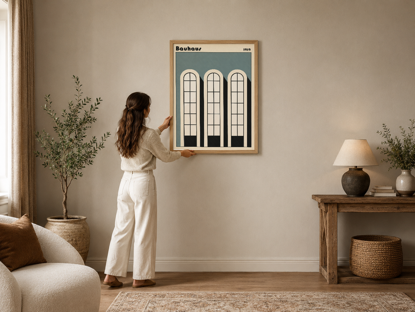 Bauhaus tarzı pencere motifli poster, nötr tonlarla dekore edilmiş modern oturma odasında çerçeveli olarak asılmıştır.