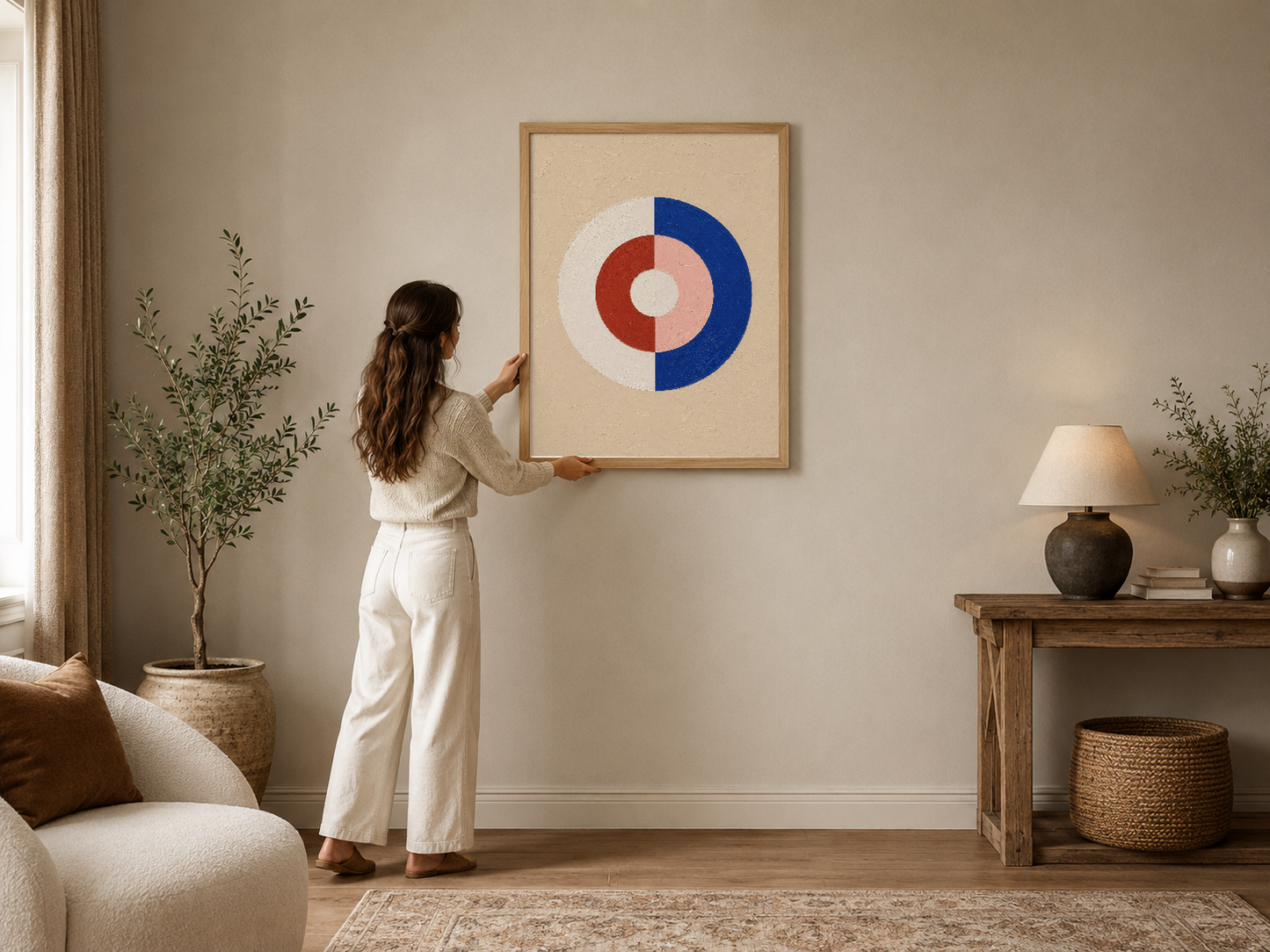 Geometrik daire motifli retro tablo, ahşap çerçevede modern oturma odasını süslüyor.