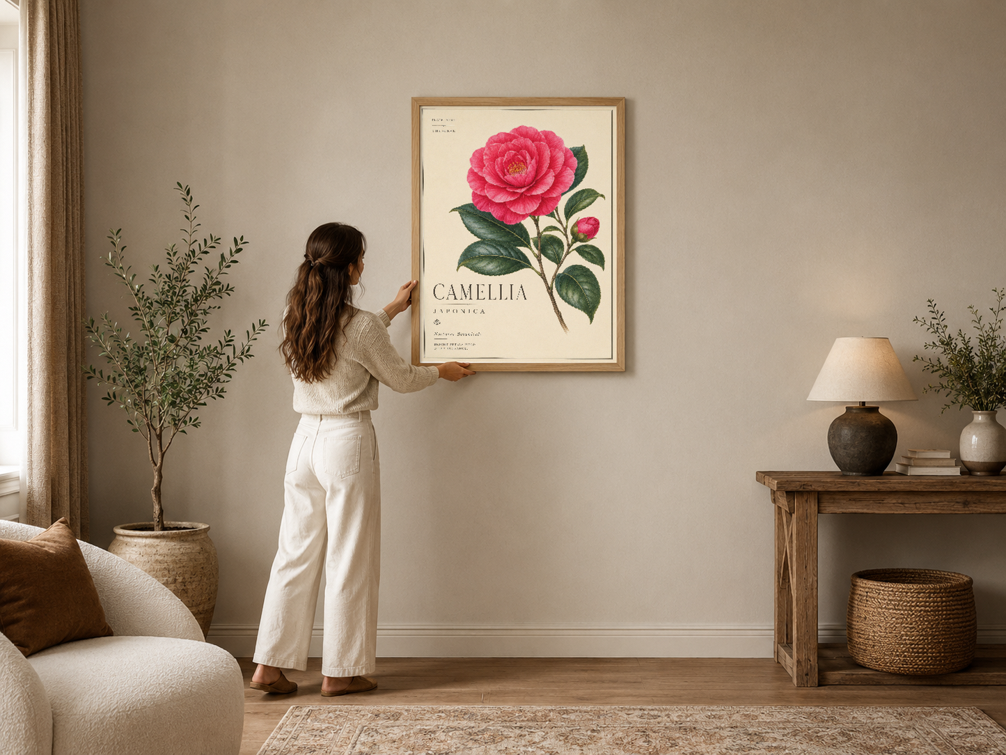 Klasik botanik stilinde pembe kamelya çiçeği posteri, ahşap çerçevede şık bir oturma odasını süsleyen dekoratif duvar