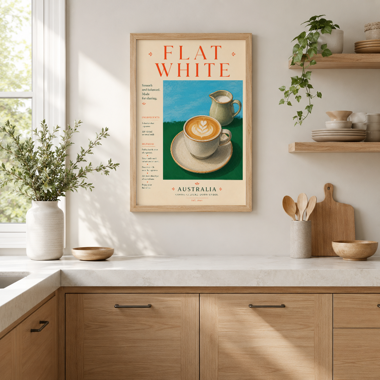 Flat White Avustralya temalı retro poster, latte sanatı ve çaydanlık illüstrasyonu ile modern mutfakta ahşap çerçevede.