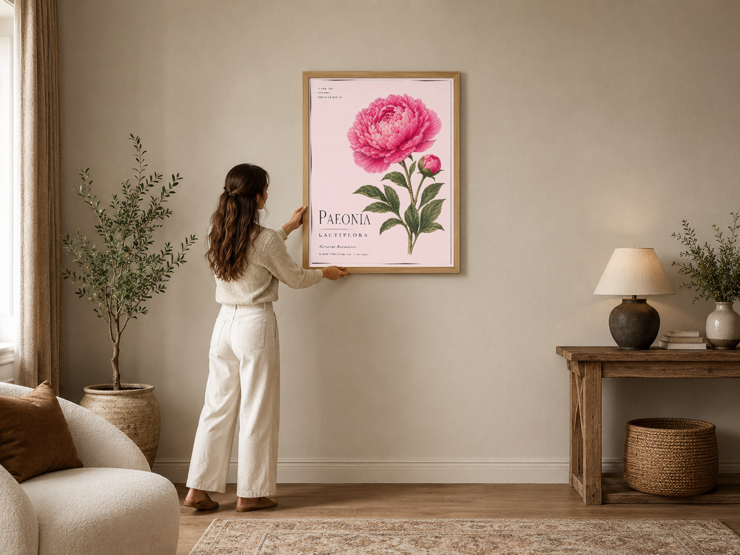 Botanik tarzı pembe peonya tablosu, ahşap çerçevede, modern oturma odasında dekoratif bir duvar parçası.