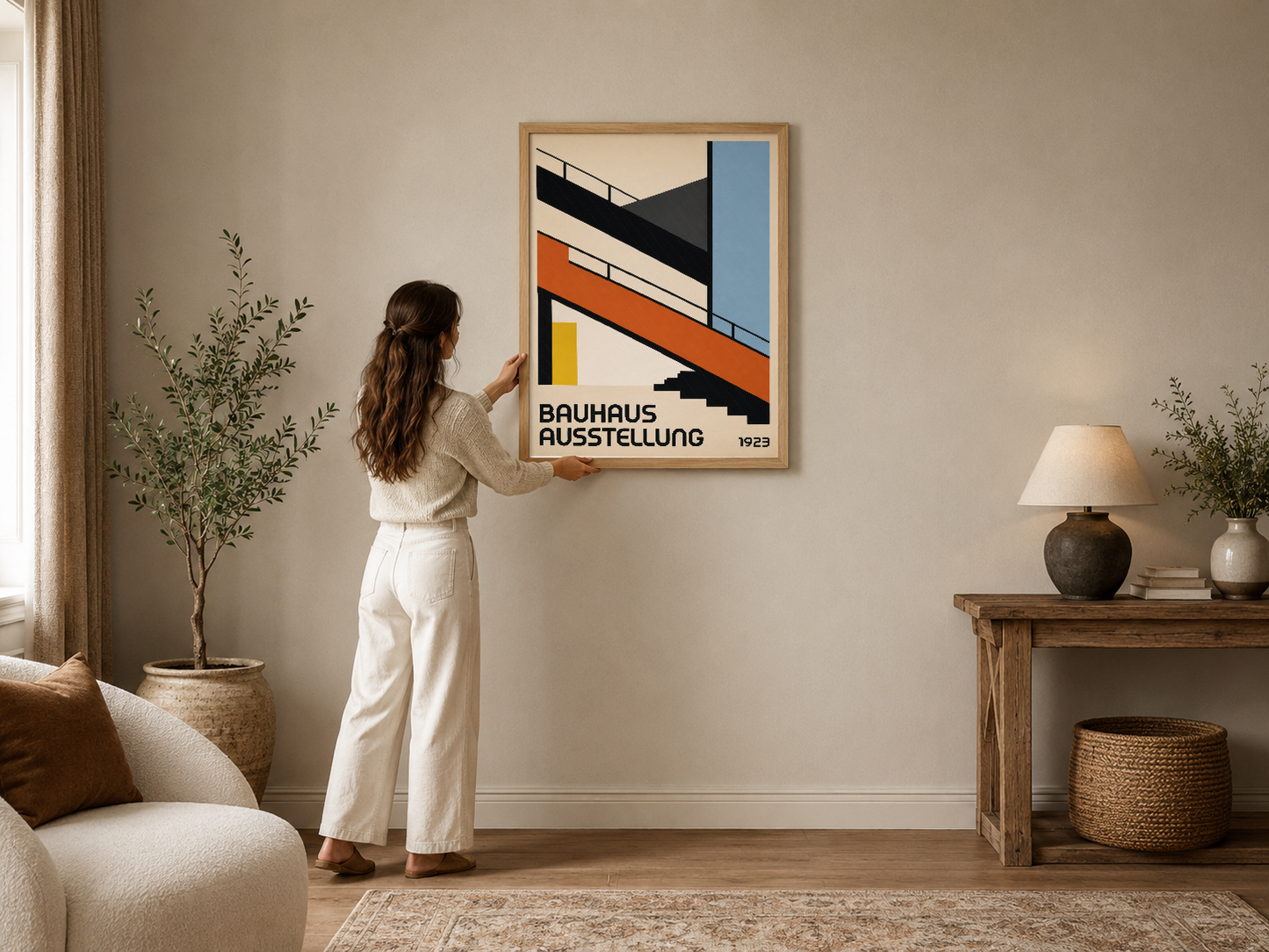 Bauhaus Ausstellung 1923 tasarımı, geometrik siyah, turuncu ve sarı şeritlerle minimalist modern tablo.
