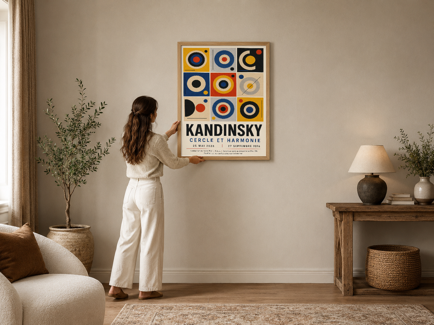 Kandinsky'nin ikonik geometrik desen tablosu, sıcak ve soğuk renklerin uyumlu çatışmasını sergileyen sanat eseri.