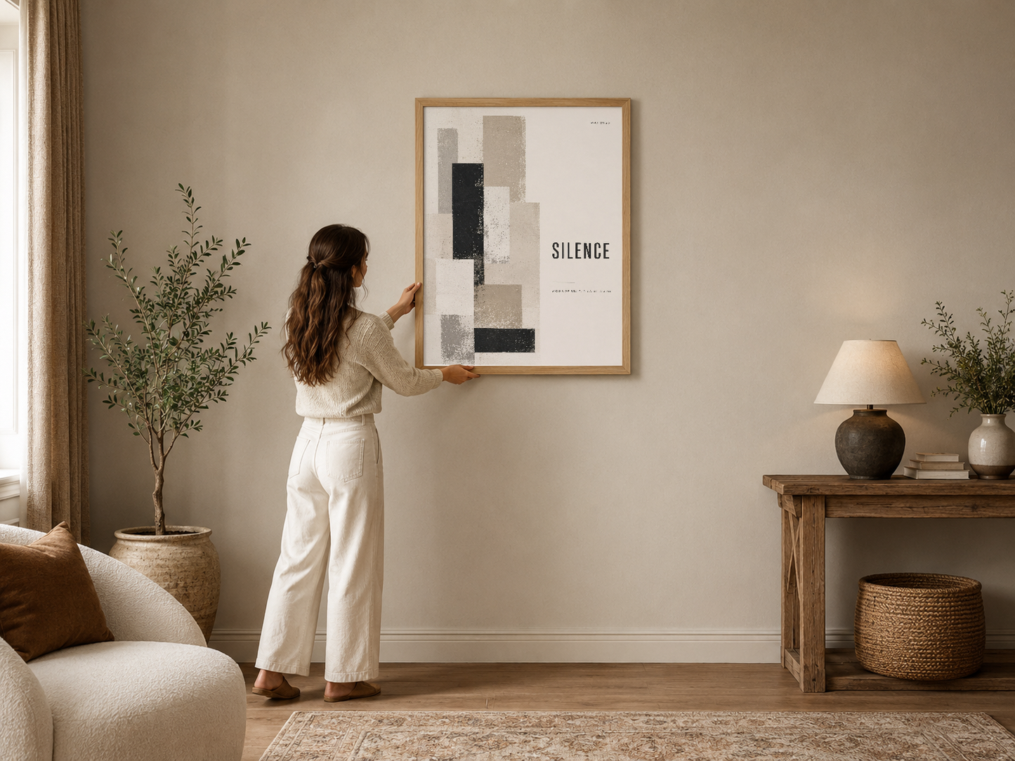 Soyut geometrik formlarla oluşturulmuş minimalist tasarım, SILENCE yazısı ile sessizliği anlatan şık duvar tablosu.