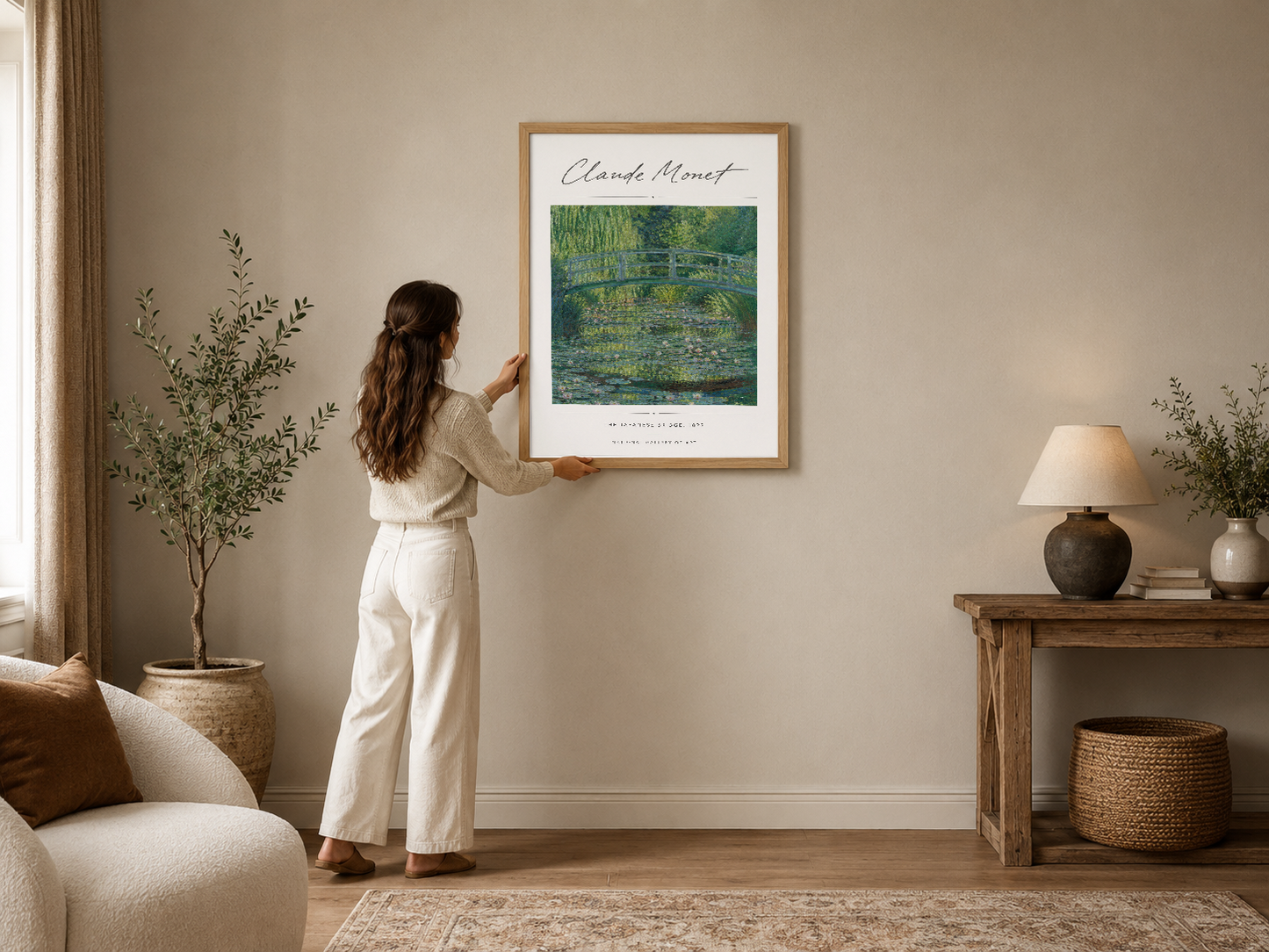 Monet'in ikonik su bahçesi tablosu, çerçeveli poster olarak modern bir oturma odasında sergilendi.