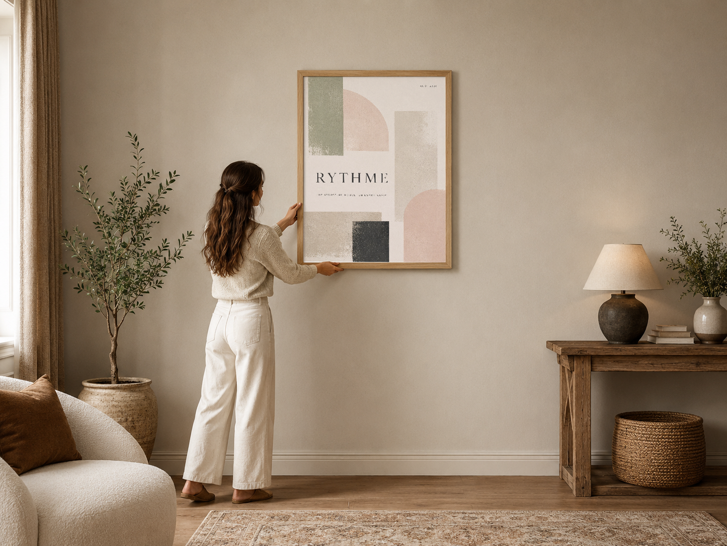 Rythme adlı soyut geometrik poster, ahşap çerçevede modern oturma odasının duvarında sergileniyor.