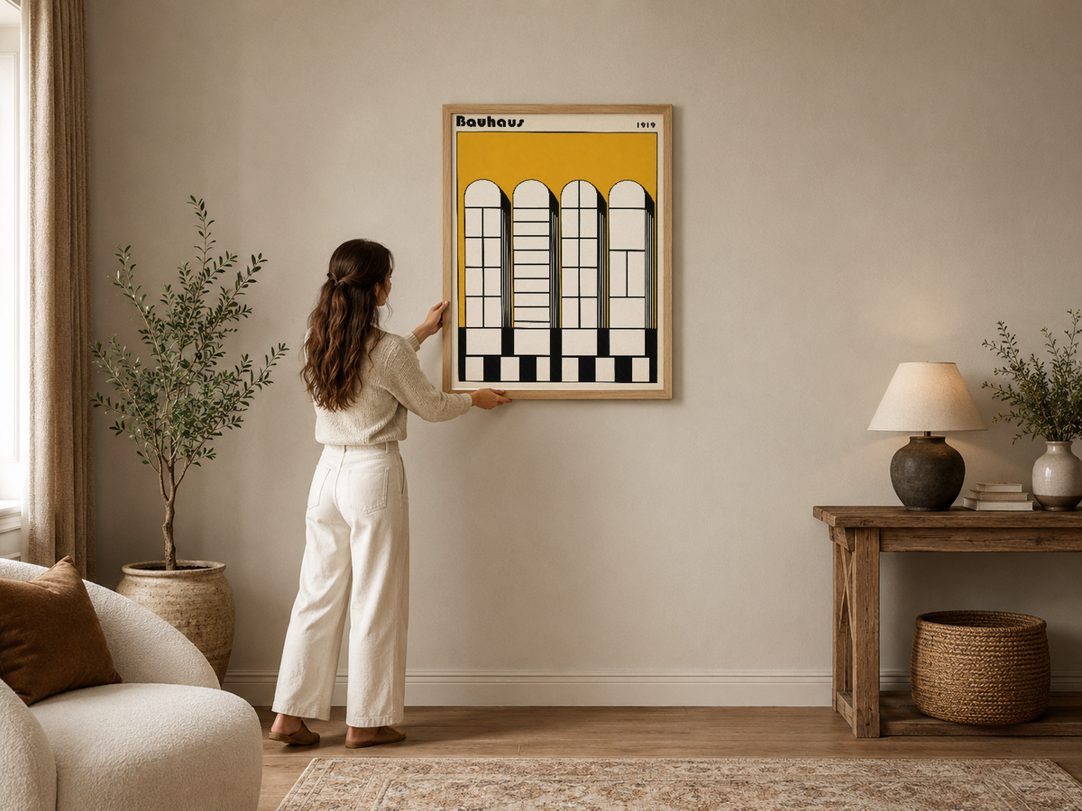 Sarı zemin üzerinde Bauhaus tarzı dört aşamalı pencere motifi, çerçeveli poster.