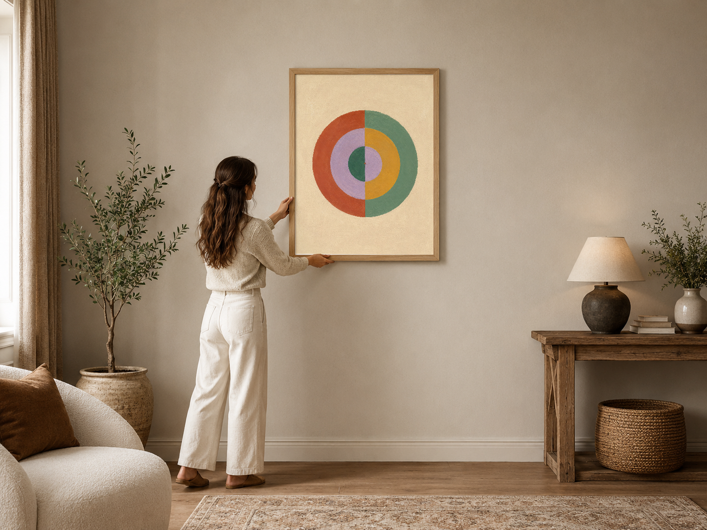 Renkli konsantrik daireler tasarımlı modern sanat tablosu, ahşap çerçeveli, nötr tonda oturma odasında.