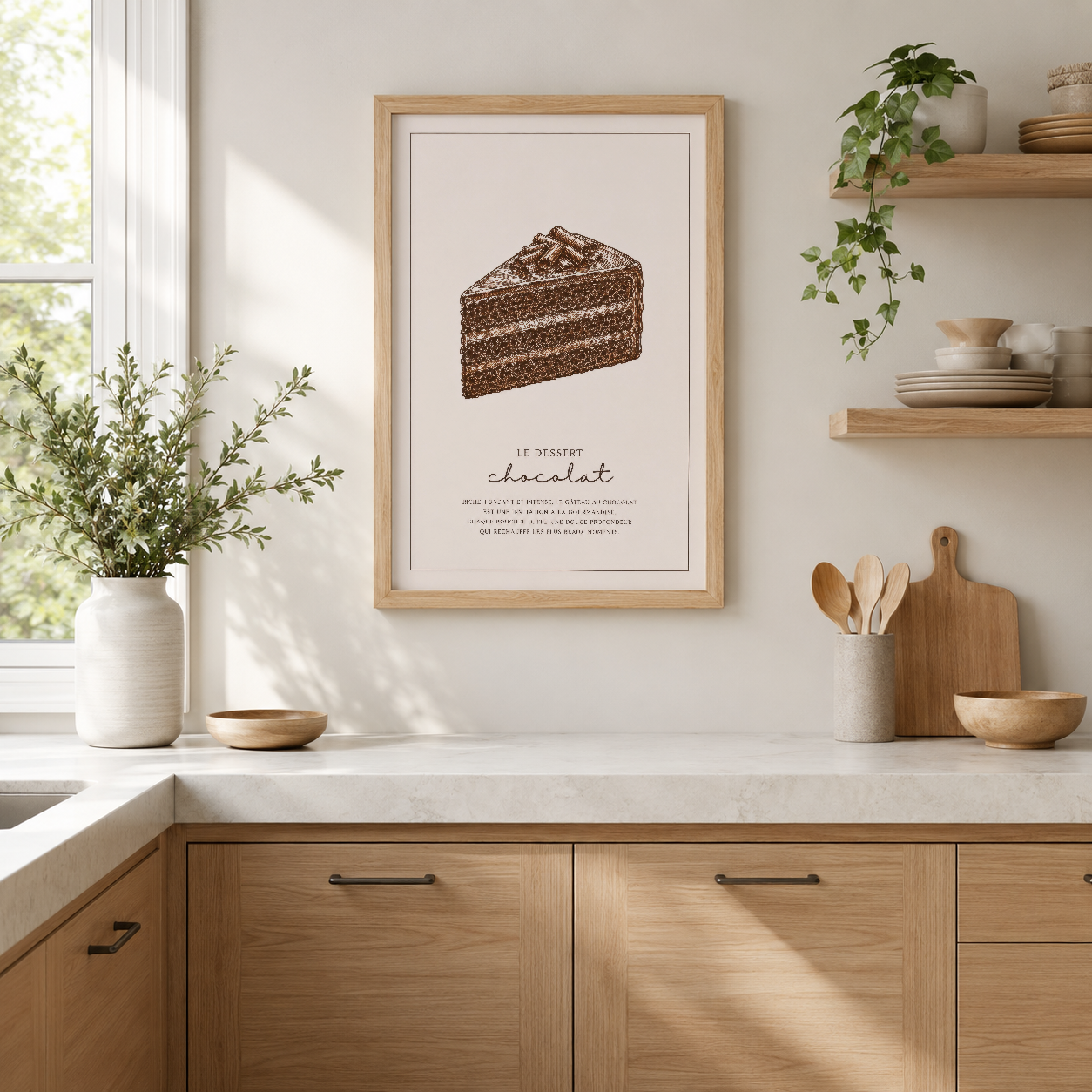 Çikolata dilimi çizimi ve Fransızca yazı detayıyla dekore edilmiş, ahşap çerçeveli minimalist mutfak tablosu.