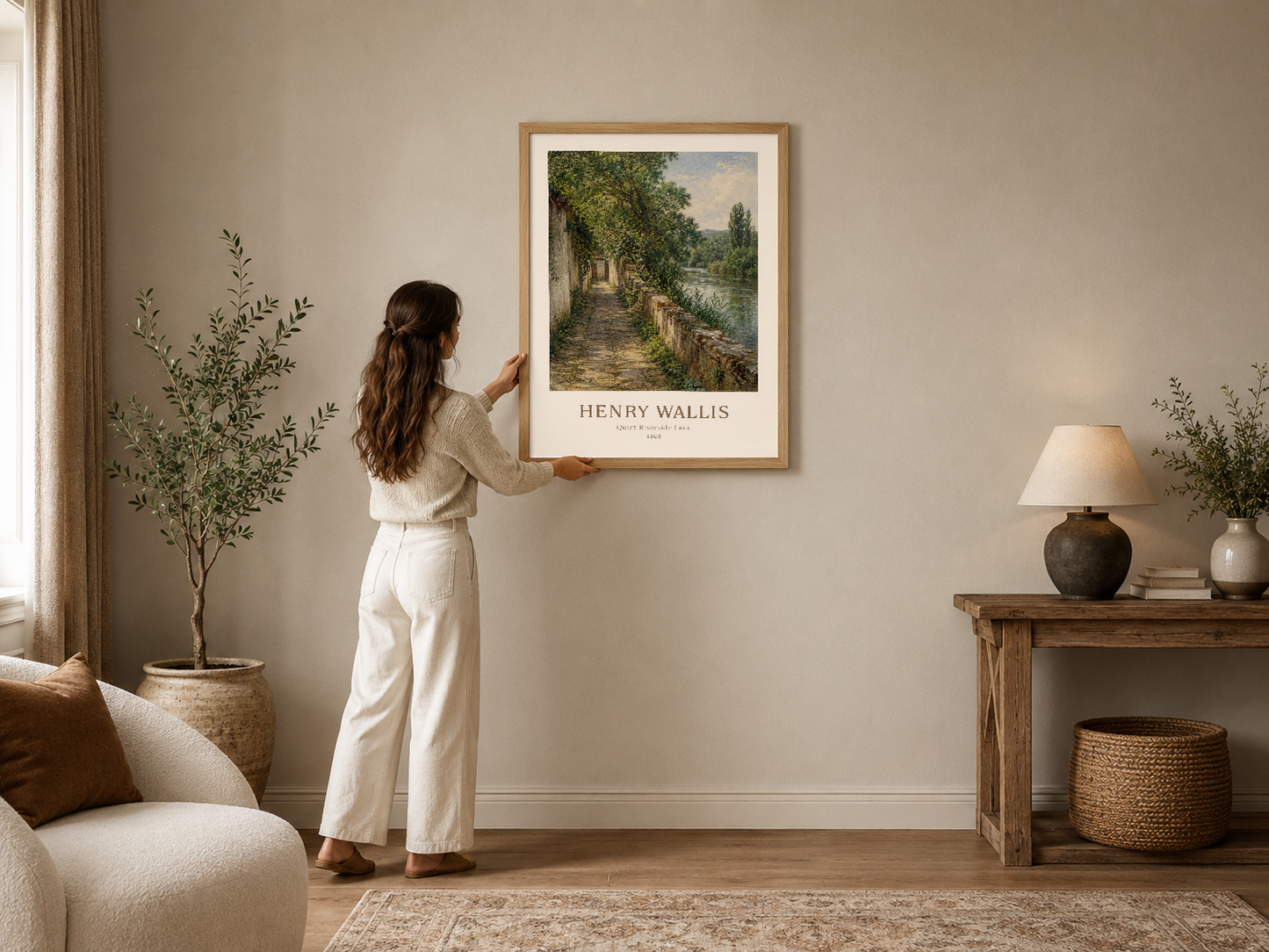 Henry Wallis'in ırmak kenarı yolunun sakin manzarası, ahşap çerçeve içinde modern oturma alanında.