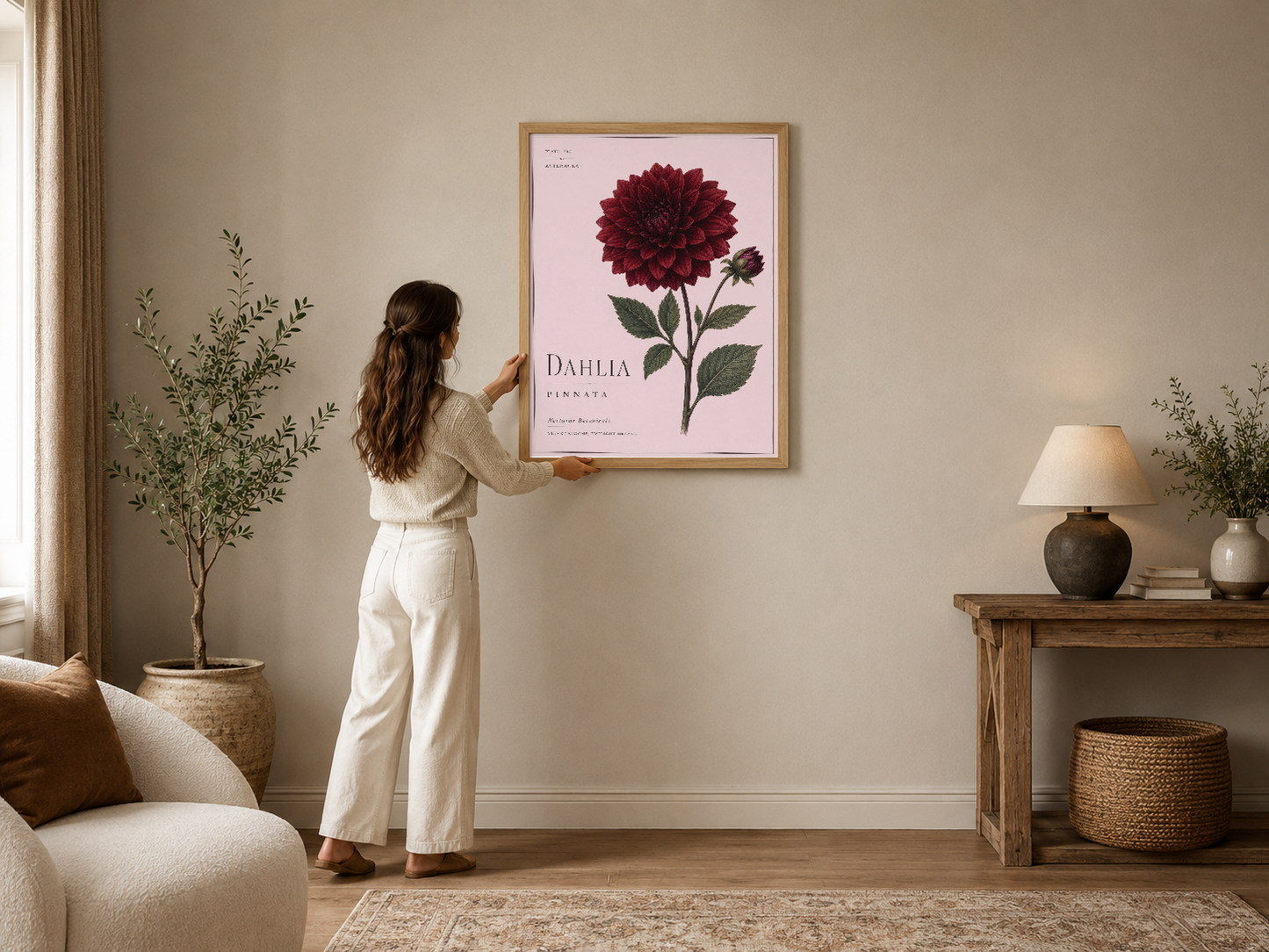 Botanik tarzında bordo dalia çiçeği tablosu, ahşap çerçeveli, modern bir oturma odasında duvarda sergilenmişdir.