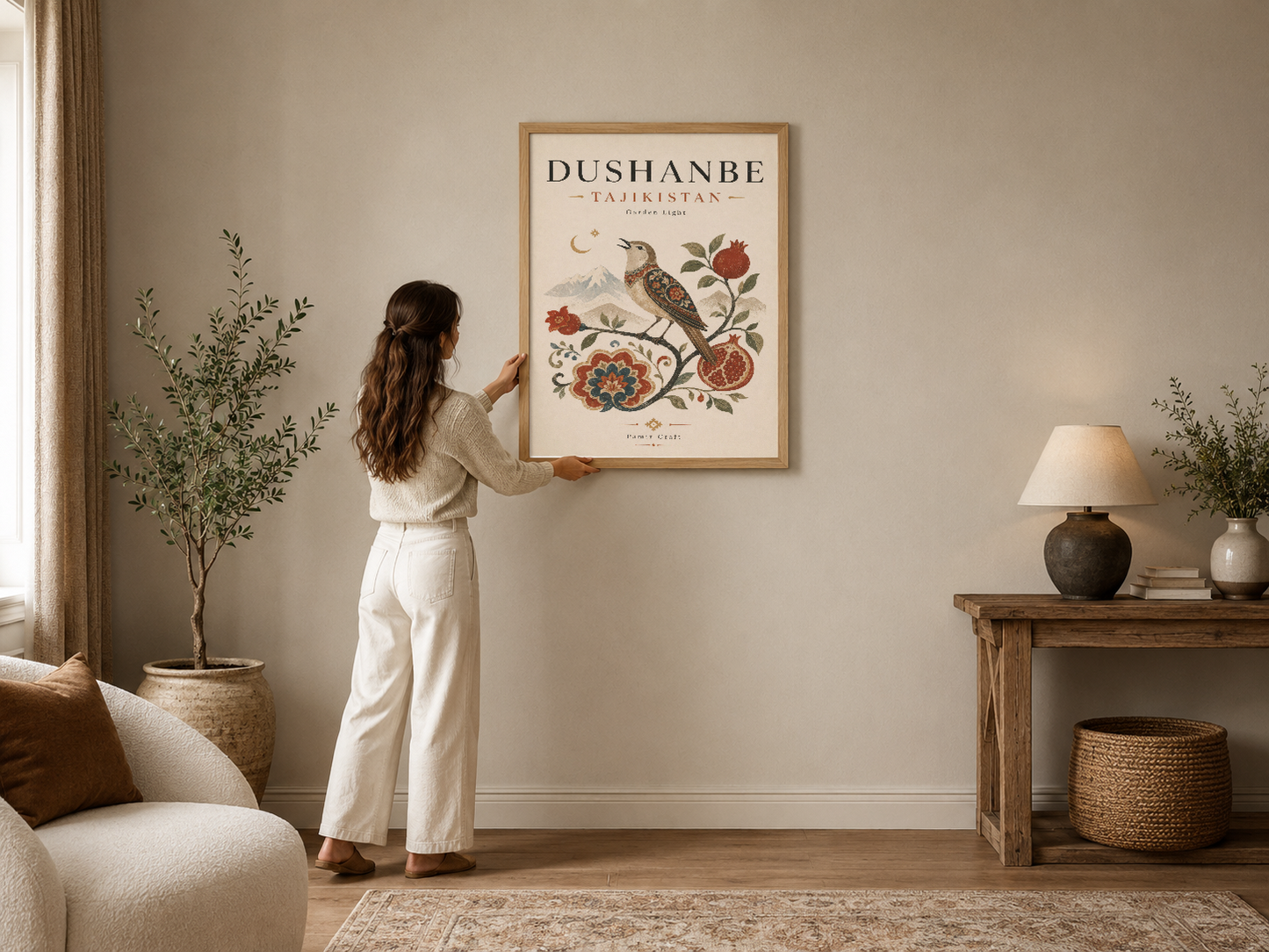 Dushanbe Tacikistan botanik temalı poster, kuş ve çiçek motifiyle doğal ahşap çerçevede asılı.