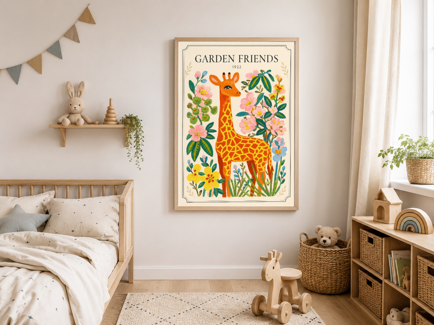 Canlı renkleriyle çocuk odasını süsleyen, çerçeveli Garden Friends Zürafa posteri.