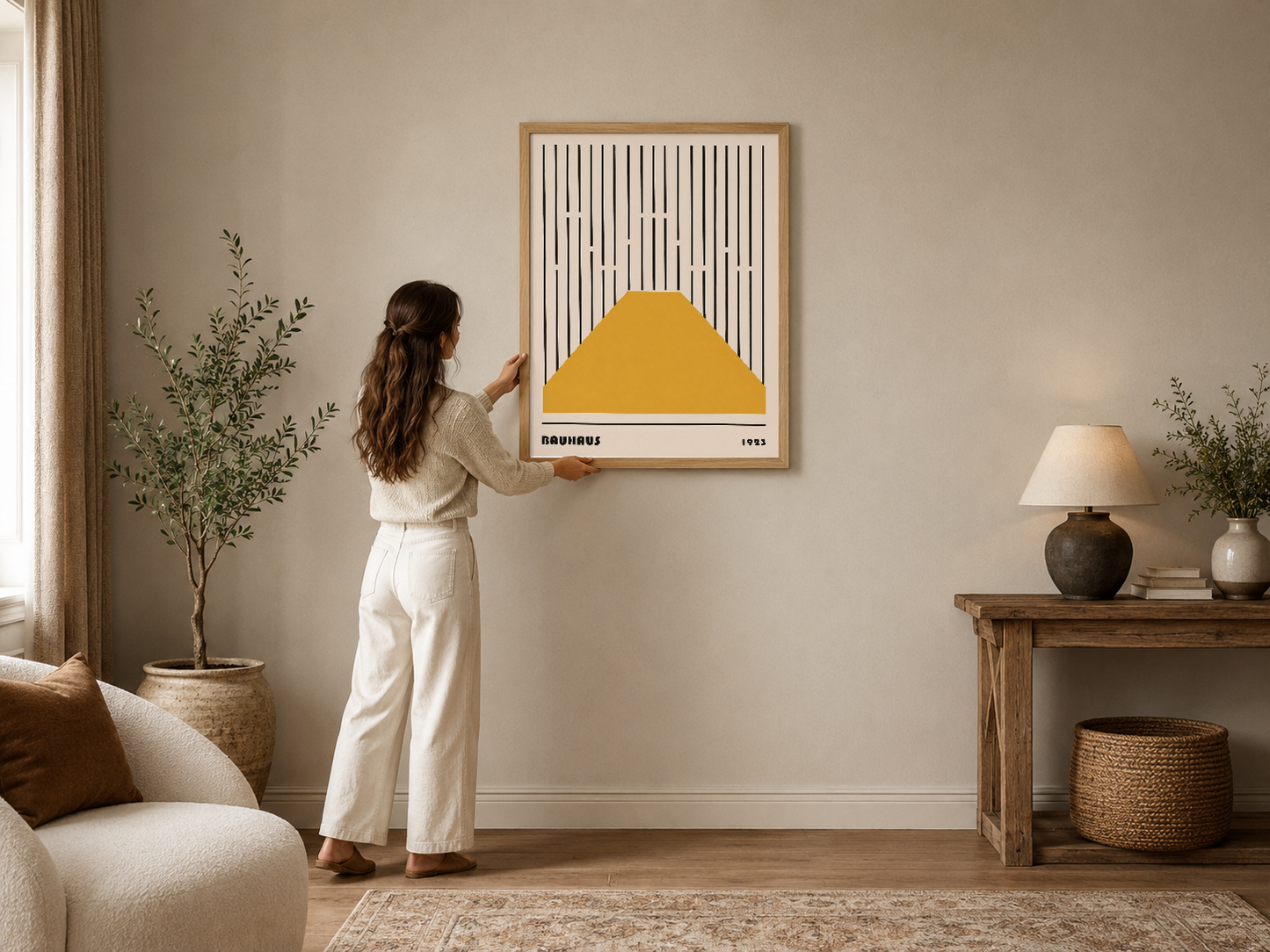 Bauhaus tarzı sarı dağ ve çizgi deseniyle minimalist duvar tablosu, çerçeveli olarak modern oturma odasında.