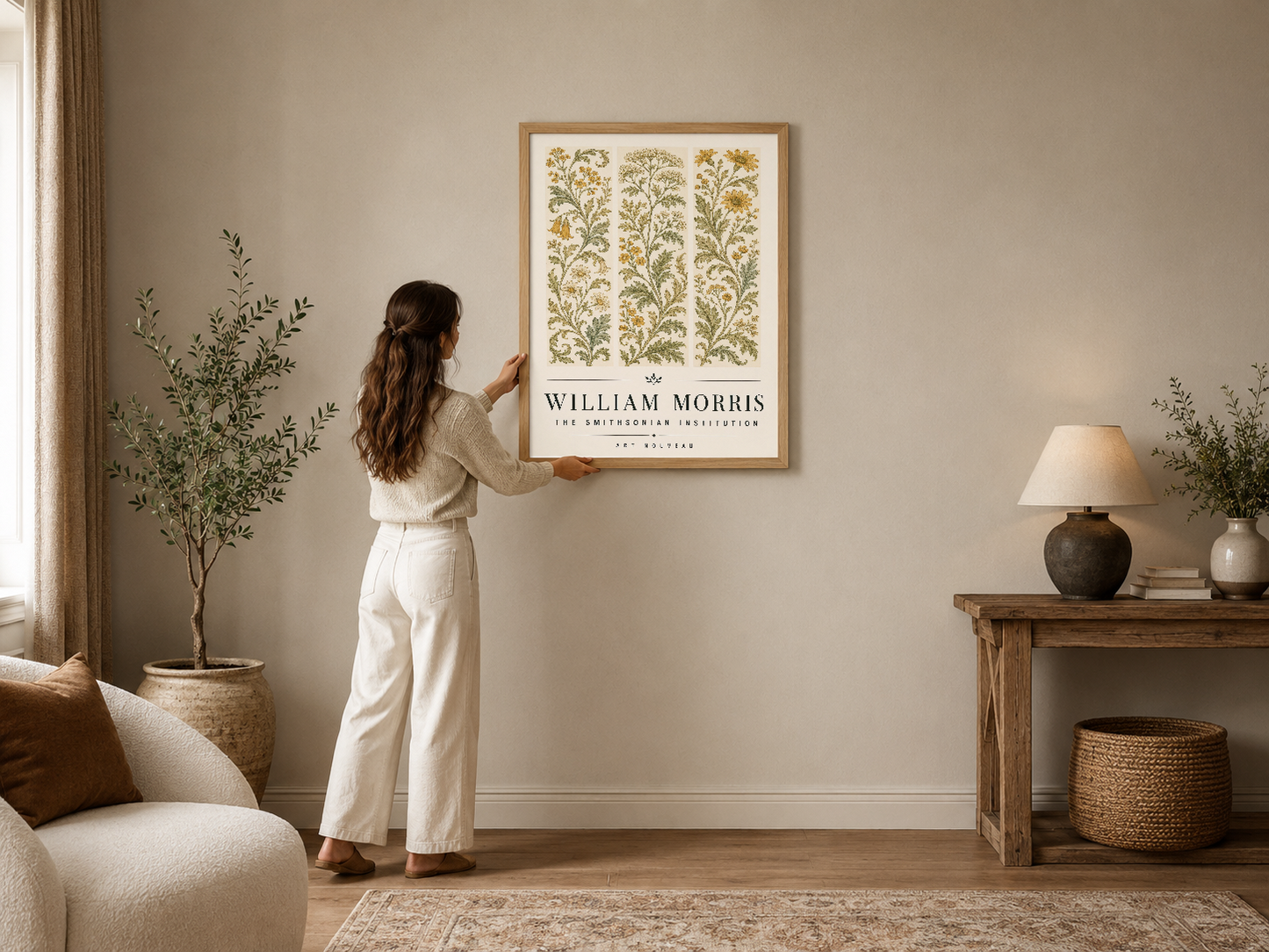 William Morris çiçek motifli poster, ahşap çerçevede, klasik çiftlik tarzı oturma odasının duvarında.