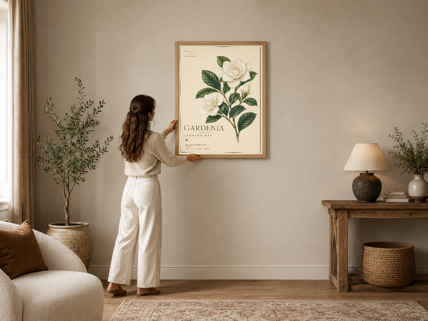 Gardenia jasminoides botanik tablosu, çerçeveli ahşap çerçevede, nötr tonlu rahat oturma alanında sergilenmekte.