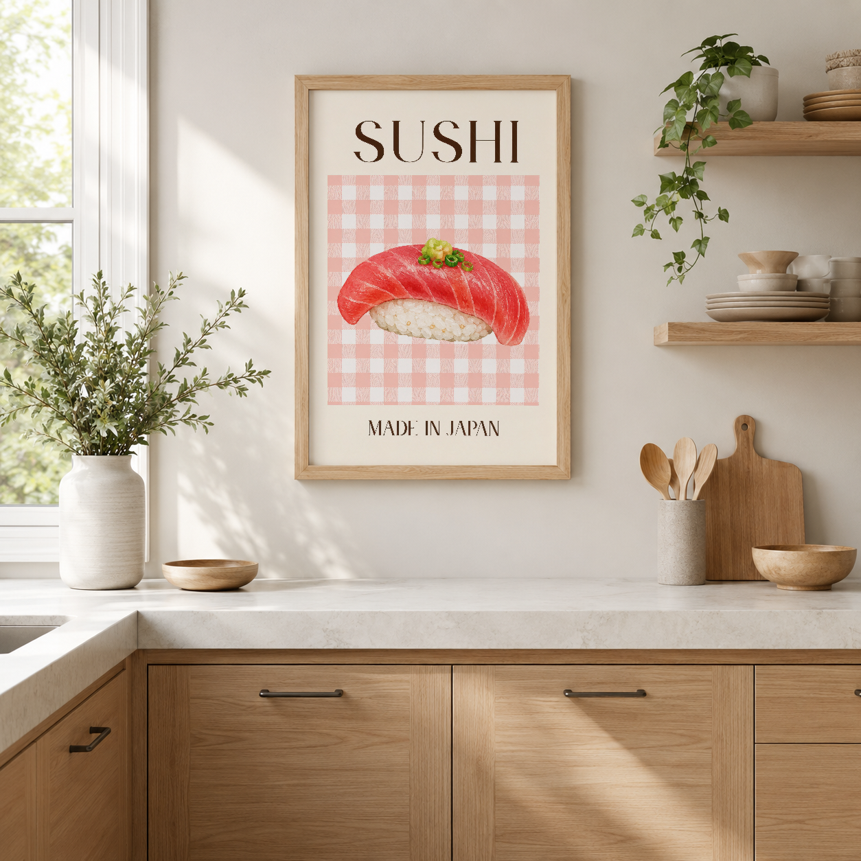 Açık pembe kareli arka plana soluk mercan sushi görseli ve Japonya yapımı yazılı minimalist mutfak tablosu.