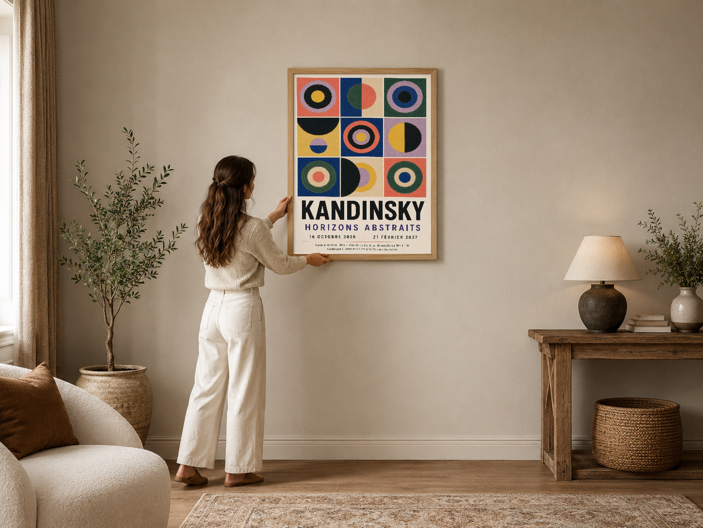 Kandinsky geometrik soyut sanat eseri, renkli daire ve şekillerin uyumlu bir grid düzeninde modern salon dekorasyon.