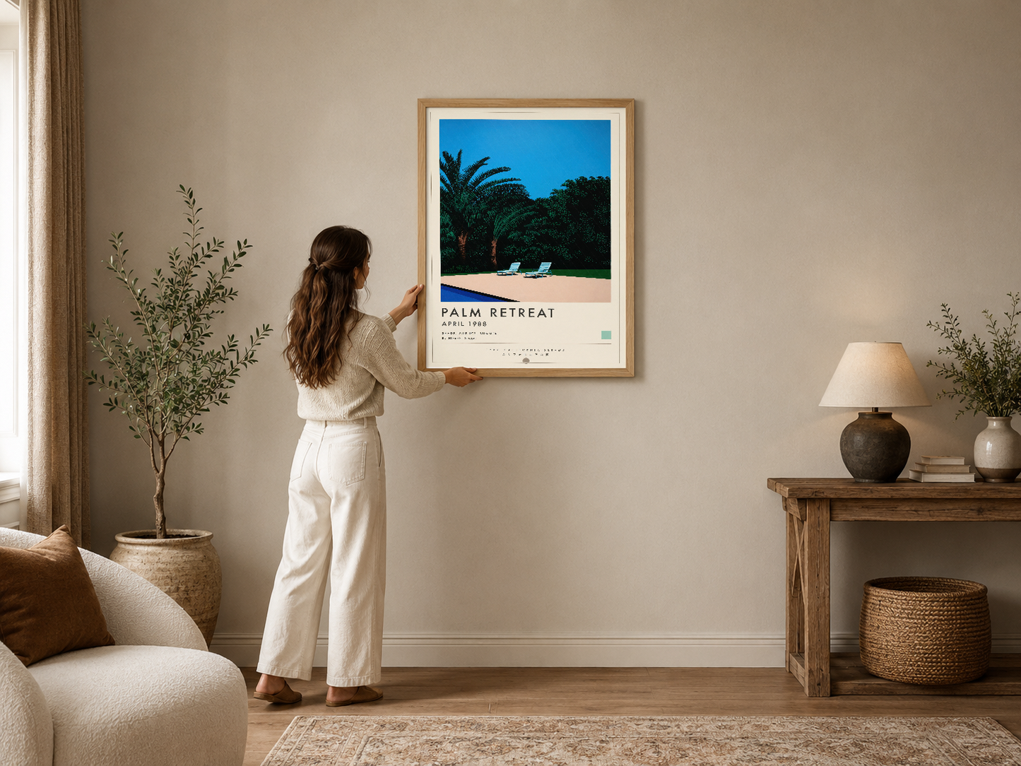 Retro tarzda Palm Retreat posteri, açık ahşap çerçevesiyle modern bir oturma odasının duvarını canlandırıyor.