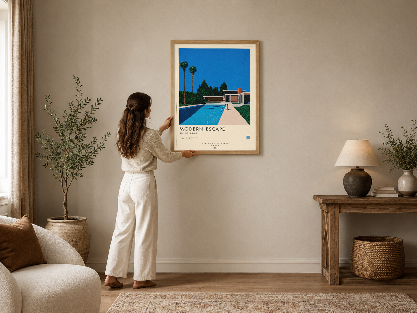 Retro tarzda modern havuzlu villayı tasvir eden poster, ahşap çerçeveli duvar tablosu, sakin oturma odasını tamamlıyor.