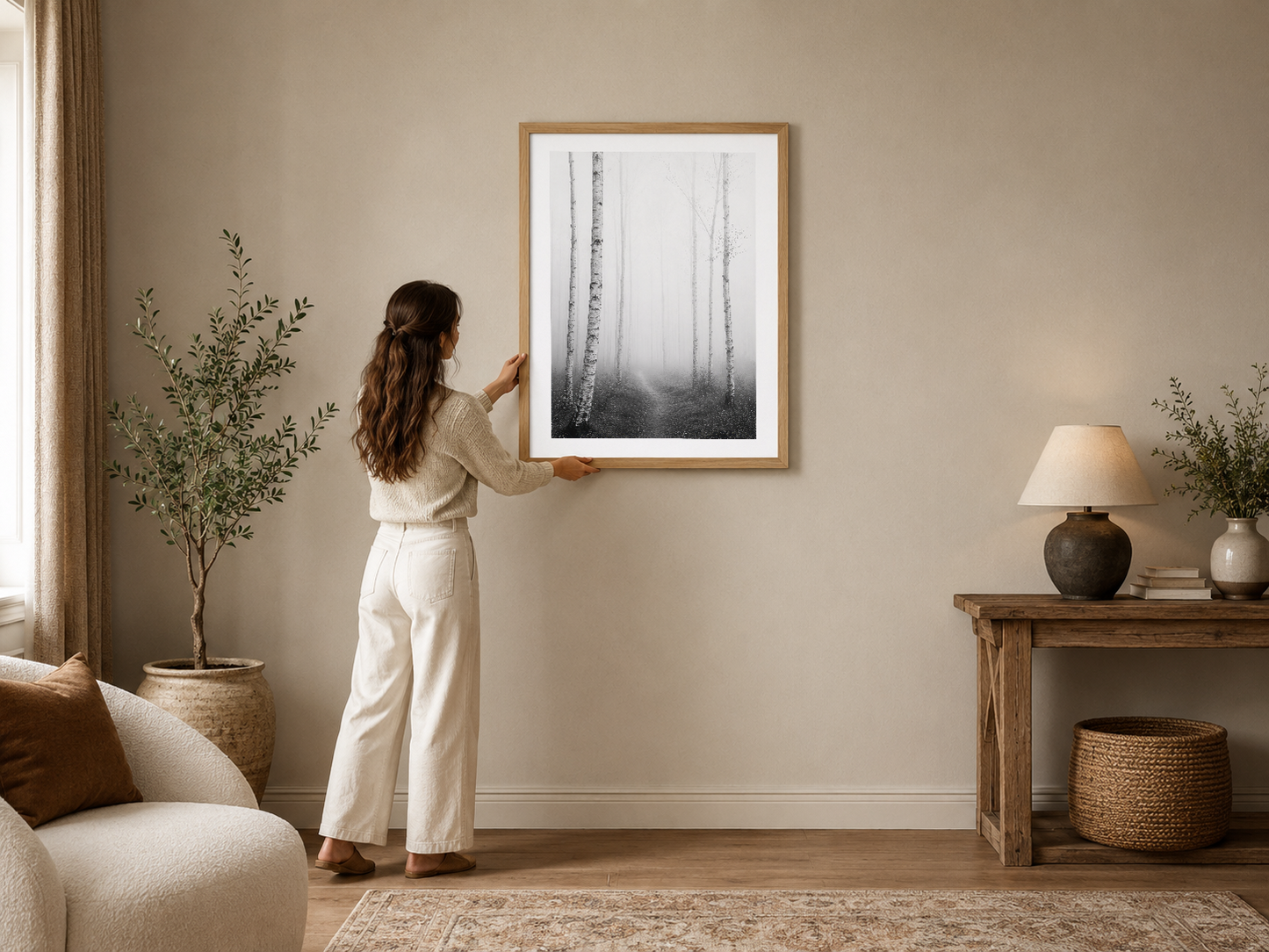 Sisli orman manzarası, siyah beyaz fotoğraf tarzında, ahşap çerçeveli poster modern oturma odasında duvar dekoru.