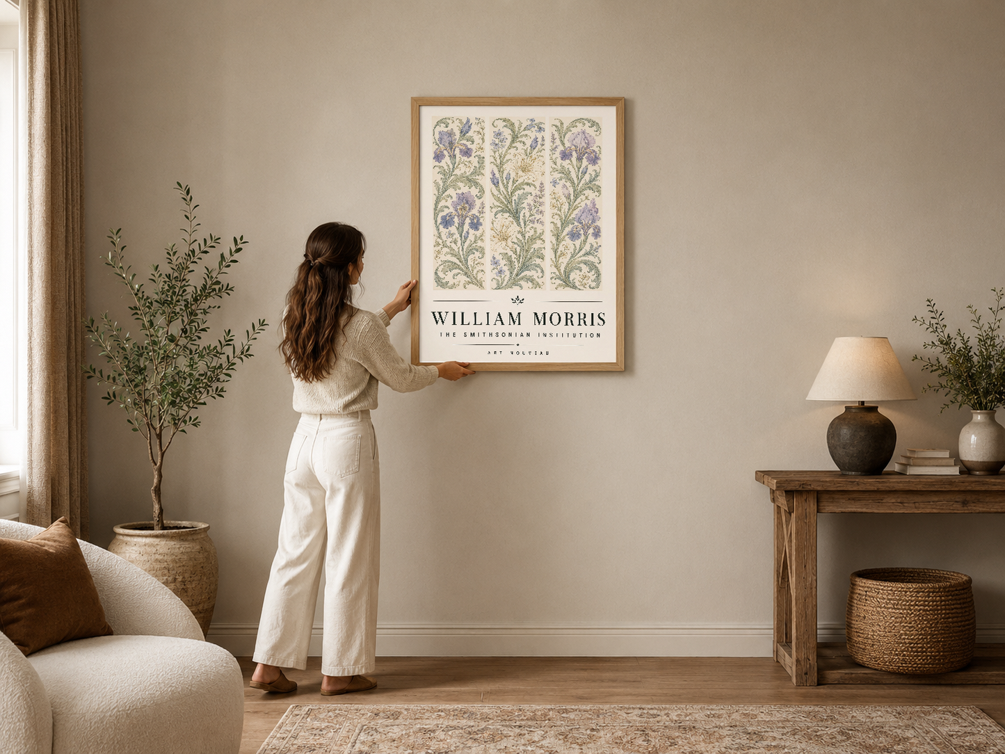 William Morris iris çiçek deseni duvar tablosu, naturalist sanat tarzında zarif çerçeveli poster.