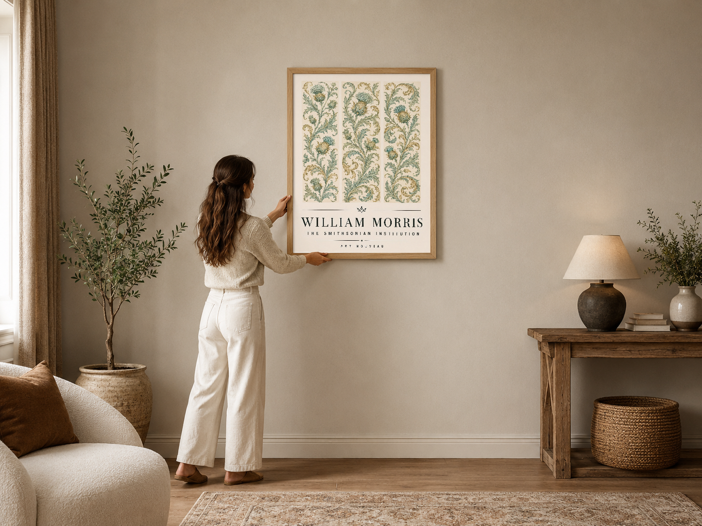 William Morris'in klasik botanik deseni, şık çerçeveli poster modern oturma odasında doğal ışık altında sergileniyor.