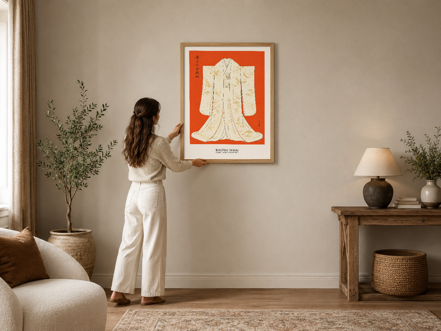 Turuncu zemin üzerinde krem rengi kimono deseni, ışıl ışıl modern oturma odasında ahşap çerçevede sergilenen sanat tablosu.