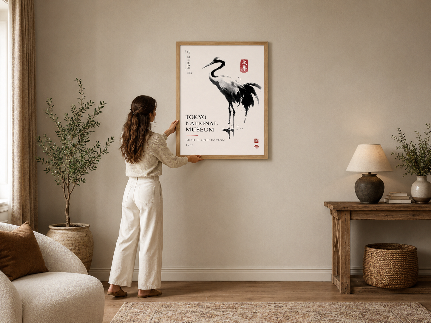 Tokyo Müzesi koleksiyonundan ilham alan, sumi-e stilinde zarif turna motifi ve Japon sanat estetiksiyle tasarlanmış poster.