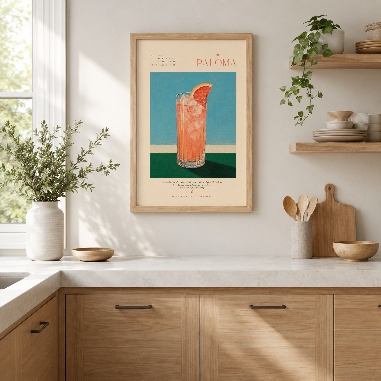 Vintage Paloma koktail posteri, ahşap çerçeveli, modern mutfakta kanepenin üstünde sergilenen ikonobiyografik tasarım.