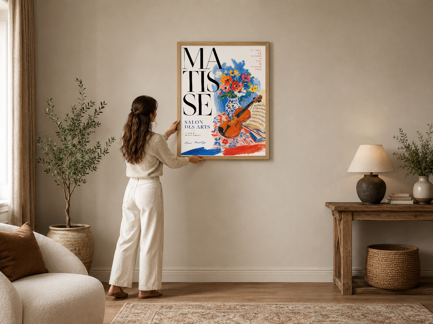 Matisse Salon des Arts afişi, renkli çiçek ve keman motifiyle tasarlanmış sanat posteri, çerçeveli.