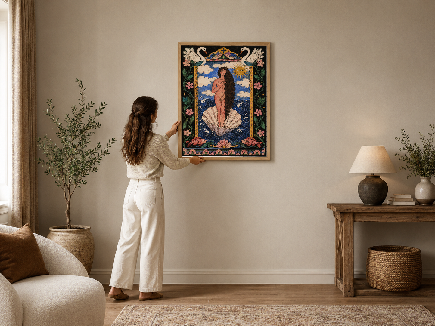 Venüs mitolojisine ilham alan, art nouveau tarzı çerçeveli poster; koyu arka plan, çiçekli bordür ve canlı renkleriyle klasik