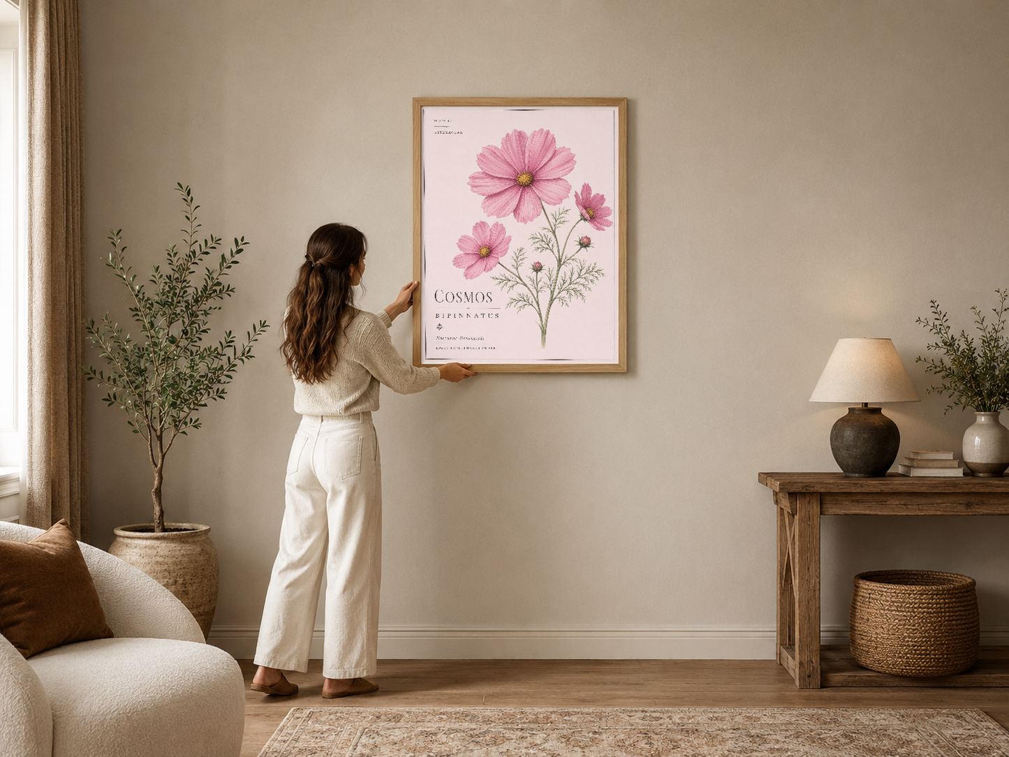 Pembe cosmos çiçekleri ve botanik detaylarıyla hazırlanmış zarif duvar tablosu, ahşap çerçevede.