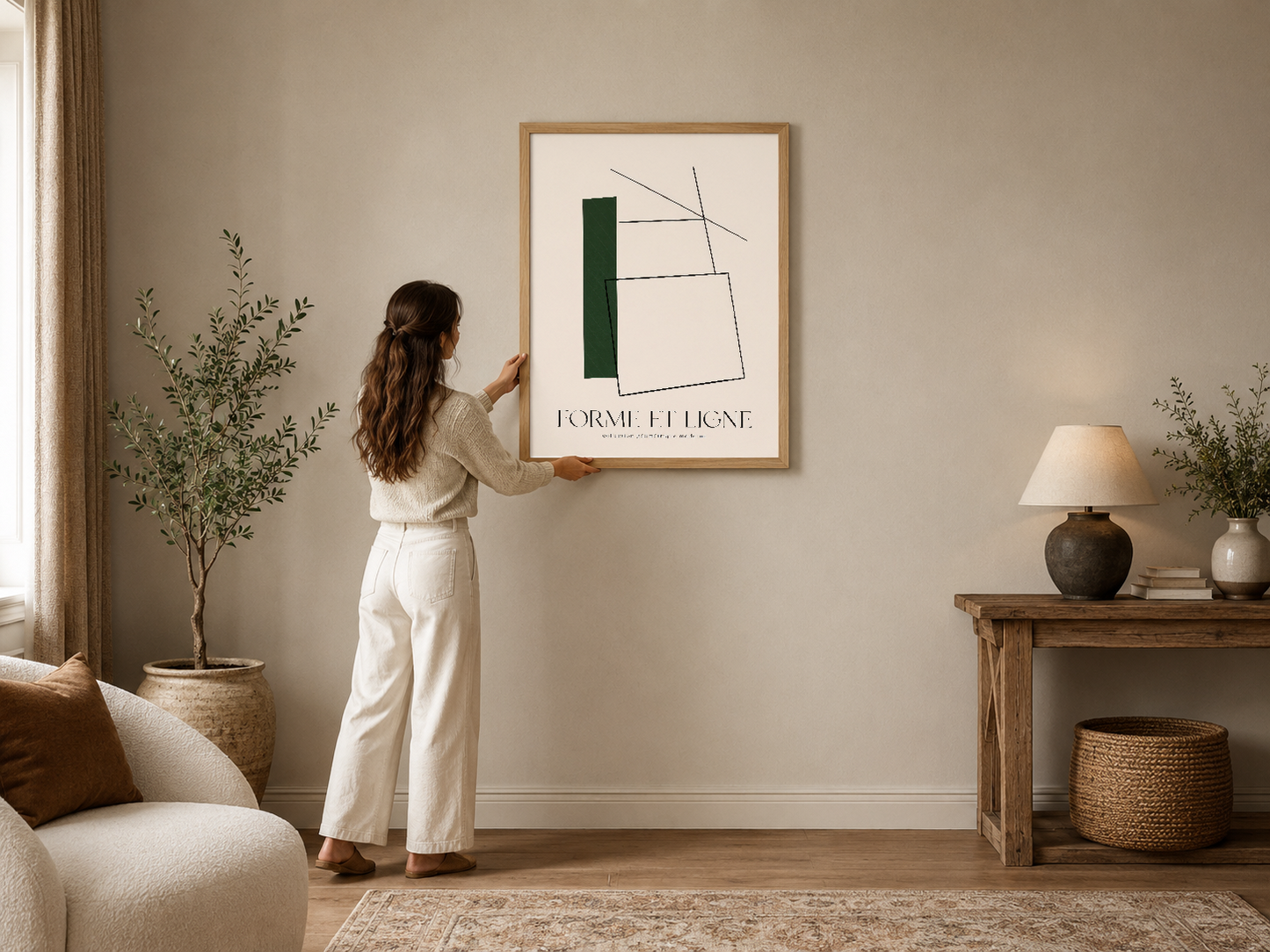 Minimal geometrik tasarımlı Forme et Ligne posteri, ahşap çerçeveli, nötr tonlu modern oturma odasında duvar dekorasyon.