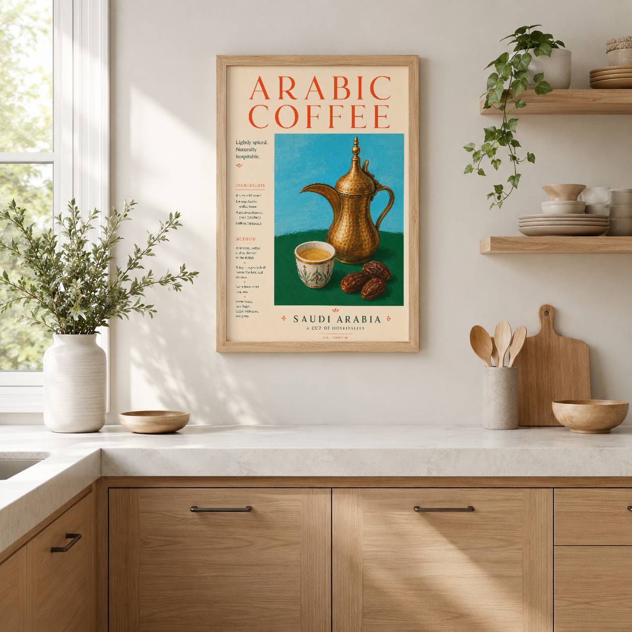 Suudi Arabistan kahve sanatını özel posterle kutlayan, altın ibrik ve fincan motifli retro tasarım tablosu.