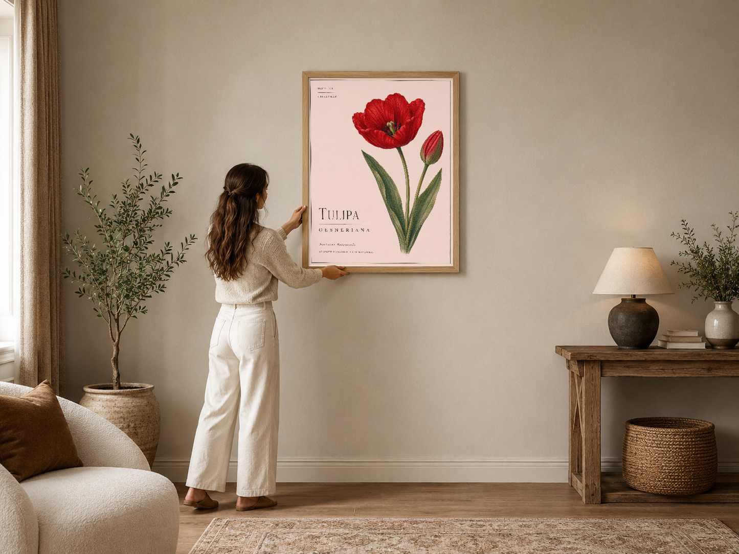 Botanik tarzı kırmızı lale tablosu, ahşap çerçeveli, modern ve minimalist iç mekan dekorasyonunda asılı.