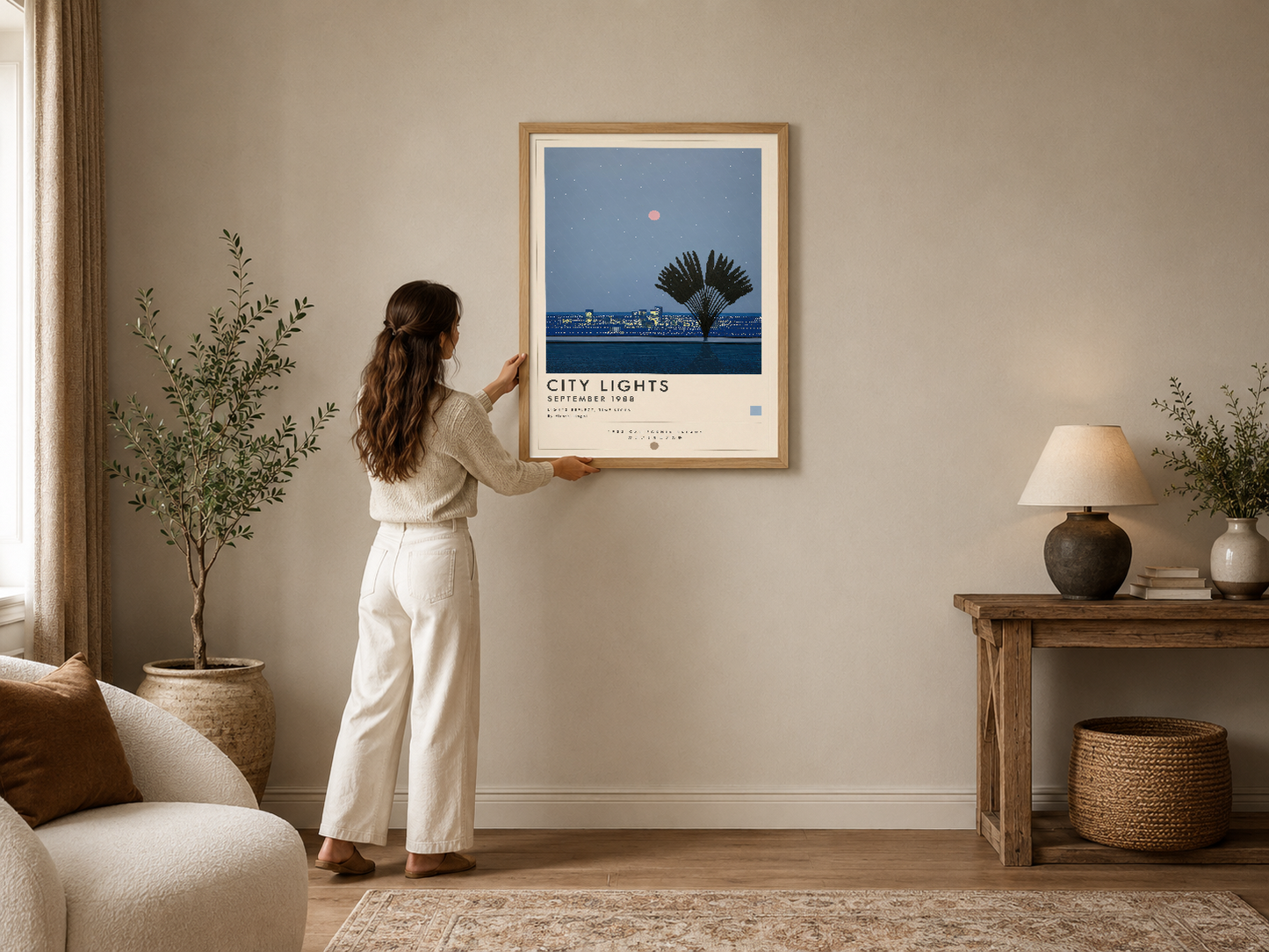 Retro City Lights posteri, çerçeveli olarak modern bir oturma odasının duvarında, palmiye ve gece şehir manzarası tasarımı.