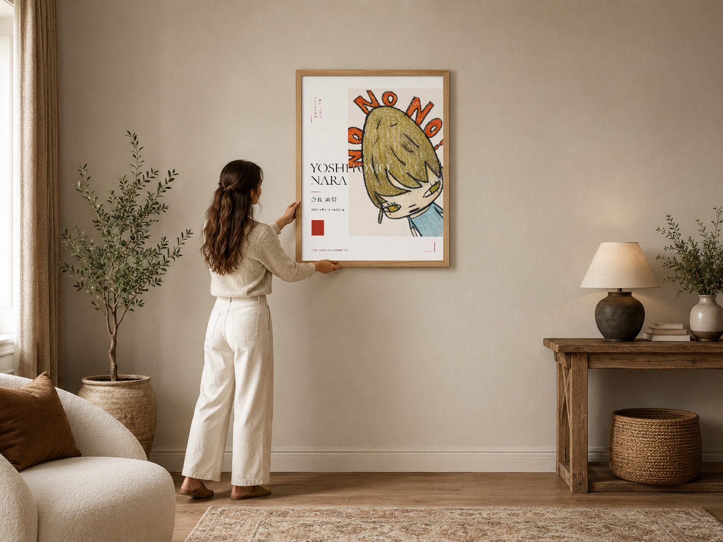 Yoshitomo Nara tasarımı, sarı saçlı karakterin portresi ve turuncu yazılarla modern sanat posteri, ahşap çerçeveli.