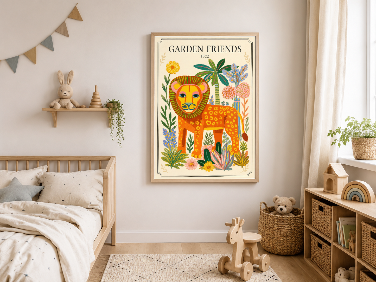 Canlı renkli aslan ve çiçek motifli Garden Friends tablosu, çocuk yatak odasında ahşap çerçevede sergilenmekte.
