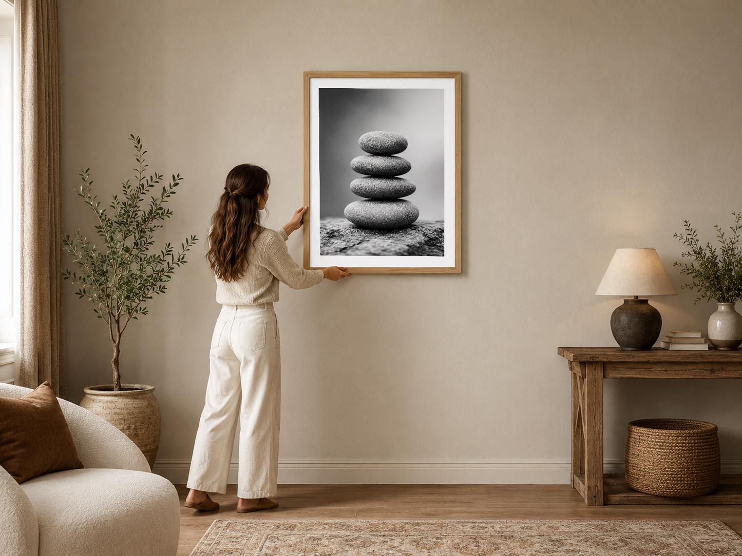 Dengeleme ve iç huzurun simgesi olan siyah beyaz taş istifi tasarımlı çerçeveli poster.