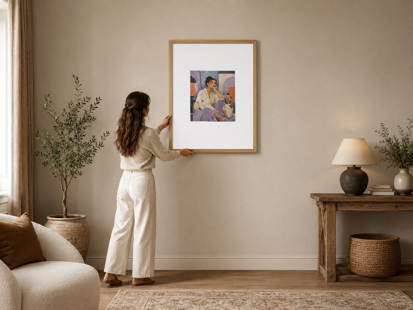 Ahşap çerçeveli modern portre tablosu, sakin bir oturma odasında duvar dekorasyonu olarak sergileniyor.
