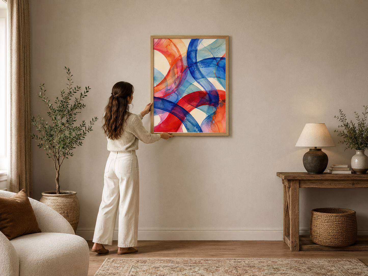 Soyut geometrik desenli, renkli akışkan şekillerin yer aldığı modern sanat tablosu ahşap çerçevede.