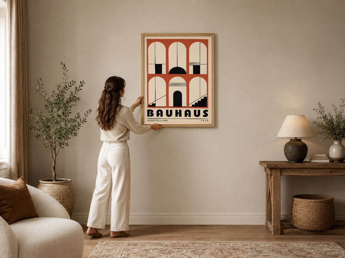 Bauhaus 1919 ruh yapısı, kırmızı ve krem tonlarında geometrik tasarım, ahşap çerçeveli duvar tablosu.