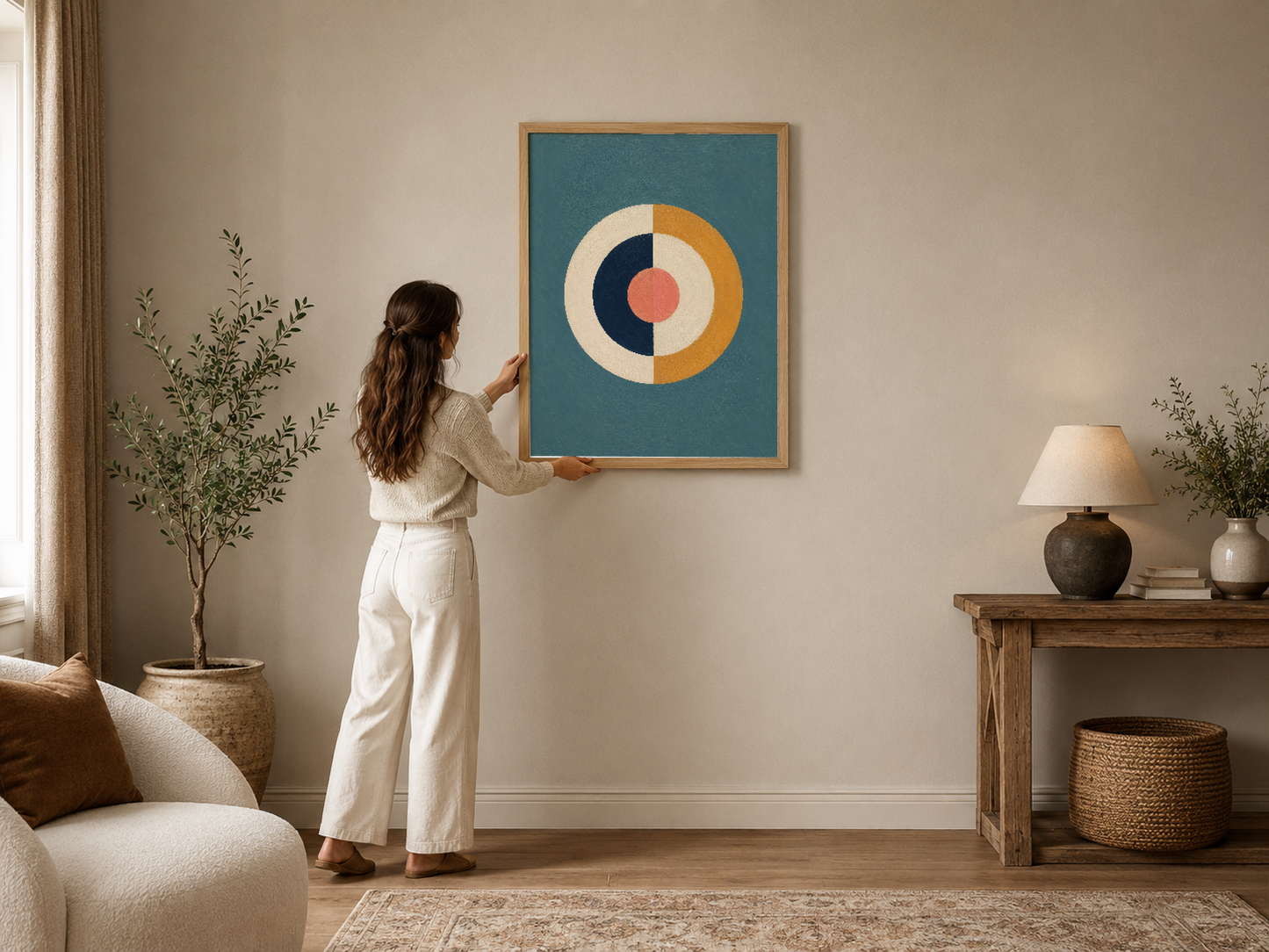 Geometrik daireler ve retro renklerle tasarlanmış modern sanat tablosu, ahşap çerçeveli, şık oturma odasında sergilendi.